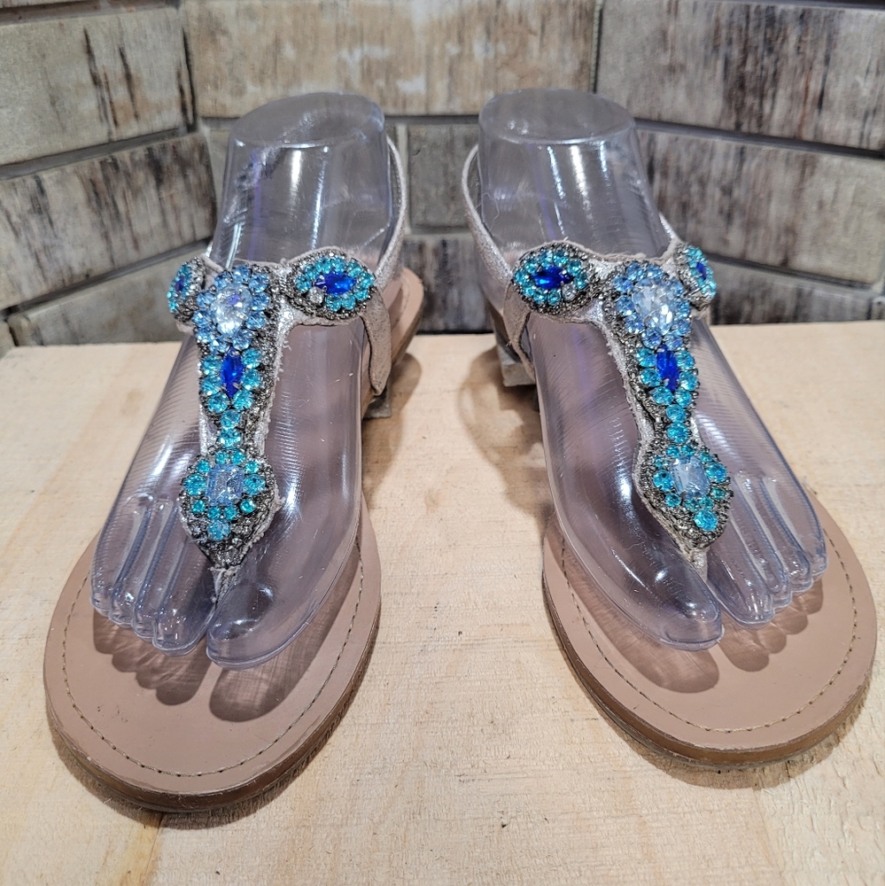 Max Studio Blue Rhinestone Leather Upper Buckle Slingback Flat Sandals